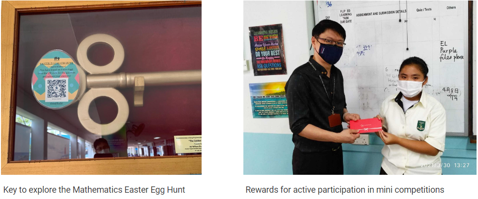 A framed large key with an Easter egg hunt sticker beside a masked teacher handing a red gift to a masked student.